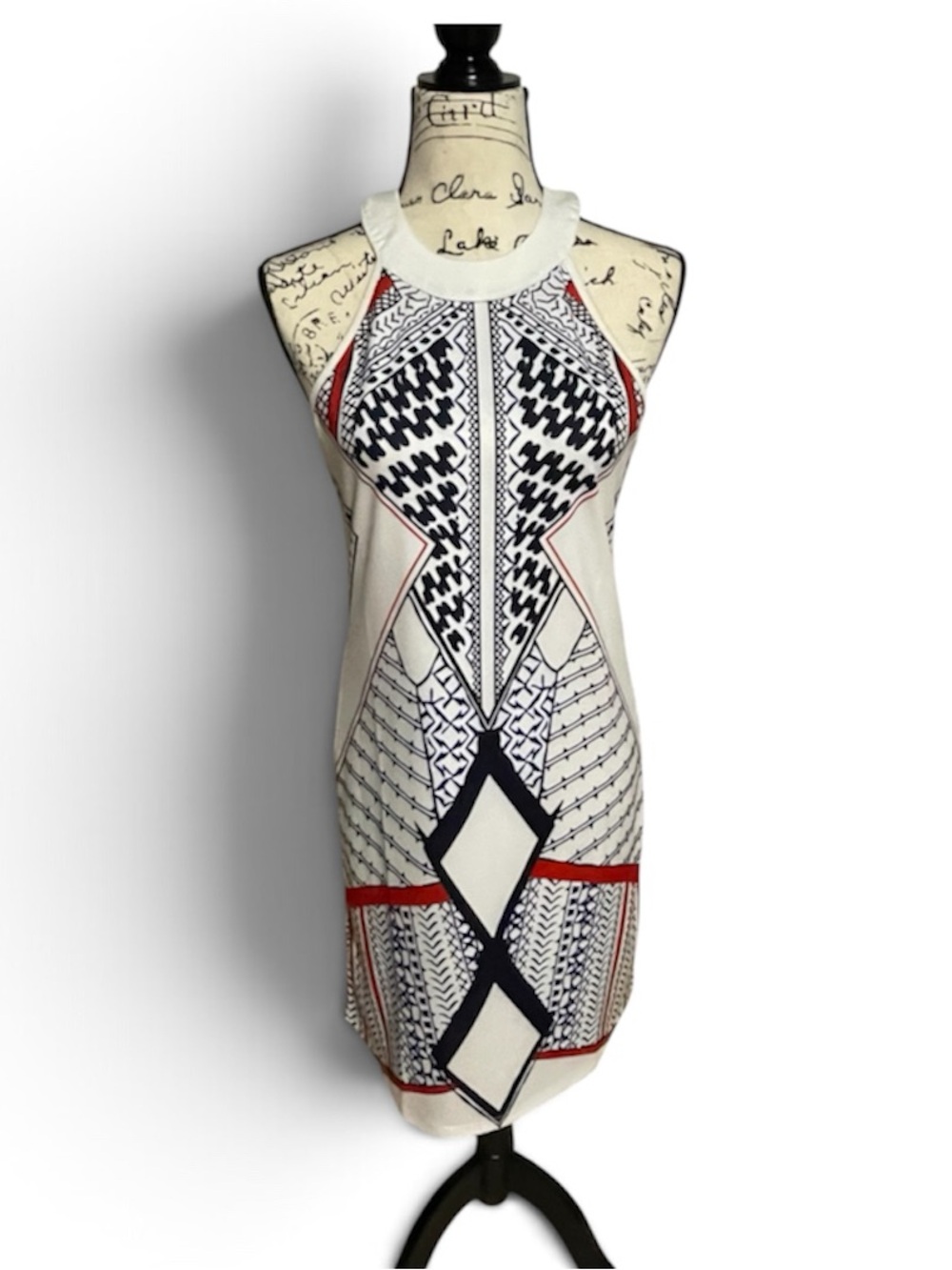 Geometric Print Halter Shift Dress in White, Navy & Red